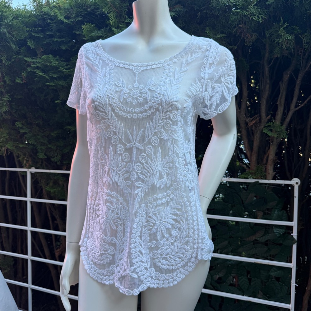Vintage Handmade Lace Top White Floral  Sheer Embroidered Boho Fairycore Angel M